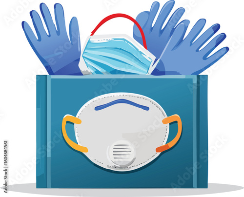 set of surgical mask, N95, latex gloves, face shield, PPE gear in a clean pack