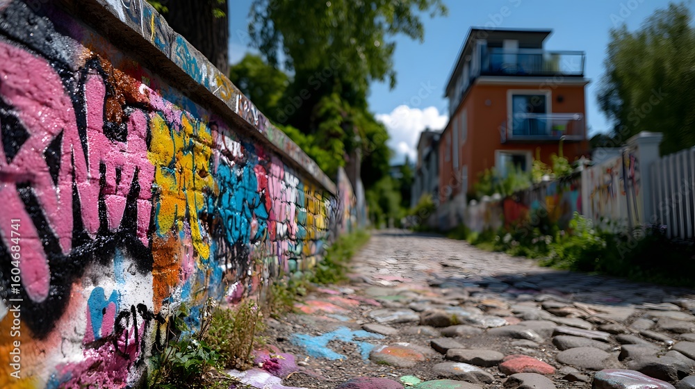 Fototapeta premium Colorful graffiti adorns a cobblestone alleyway.