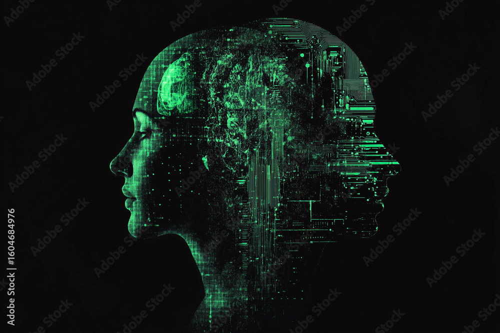 Obraz premium Digital art of a human face in profile, composed of green circuitry and data patterns, blending human features with technology.
