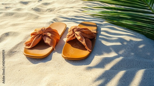 Stylish Orange Sandals on Beach Sand with Green Palm Leaves