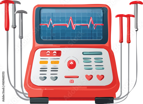 AED machine with paddles, battery display, and heart rhythm graph