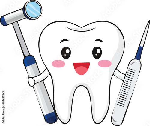 Dental mirror, scaler, drill, floss, and cartoon tooth character for dental care visuals