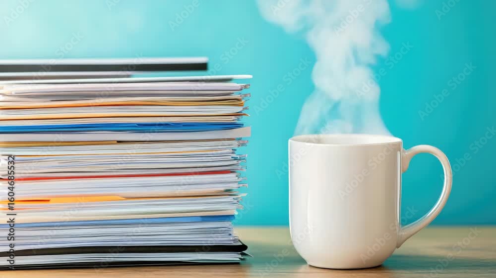 Steaming white mug beside stack of colorful documents against blue background