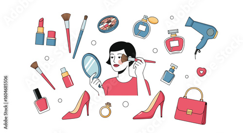 A woman applying makeup surrounded by various beauty and fashion accessories including lipstick brushes perfume bottles high heels and a handbag