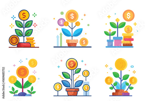 Creative Illustration of Business Growth and Investment Plants with Dollar Coins