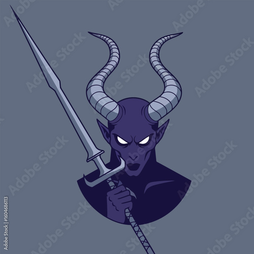 Horned Figure Holding Spear with Intense Gaze in Dark Illustration