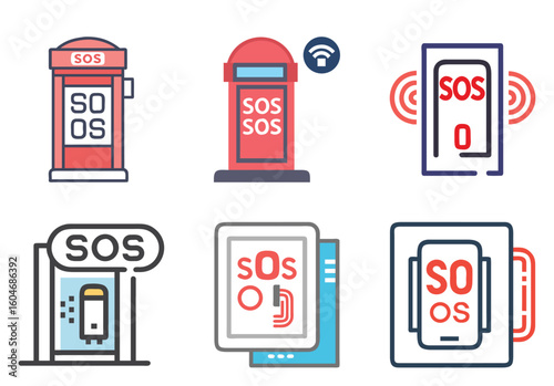 Set of emergency SOS alert icons representing various communication methods