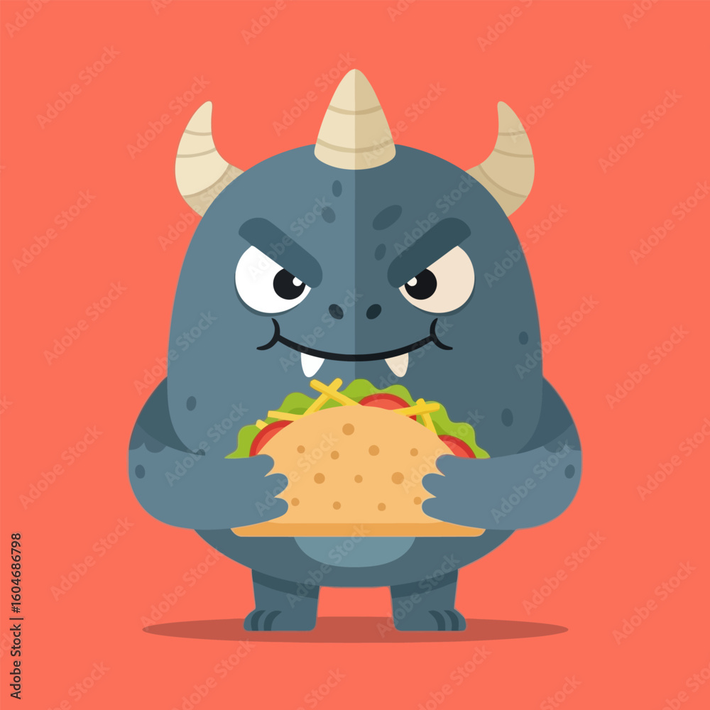 Fototapeta premium Monster Holding Taco Illustration with Angry Expression on a Red Background