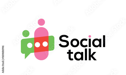 Vector icon logo representing communication and conference, featuring people with chat bubbles to symbolise discussion, conversation, and collaboration	