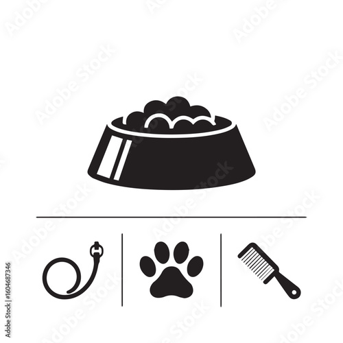 A simple black and white illustration of a pet food bowl with kibble a leash a paw print and a grooming comb