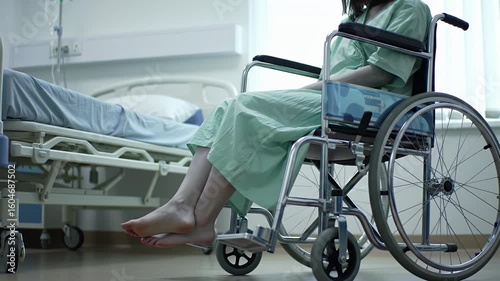 Woman in Green Gown Sitting in Wheelchair in Hospital Room Featuring Hospital Bed with Natural Lighting and Serene Atmosphere Focused on Recovery