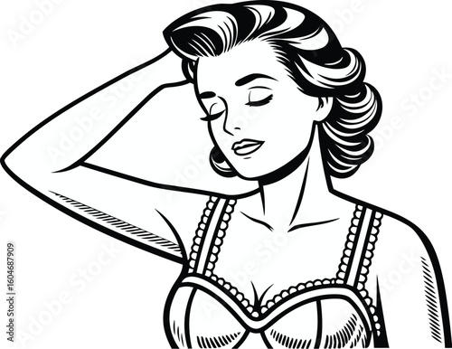 Vintage Pin-Up Woman in Retro Lingerie – Black and White Engraving