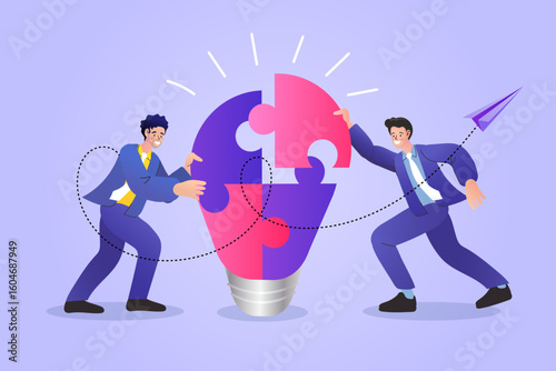 A creative team of co-founders collaborates on a new startup idea. The partners build a puzzle light bulb together, symbolizing innovation, teamwork, and a successful business strategy.