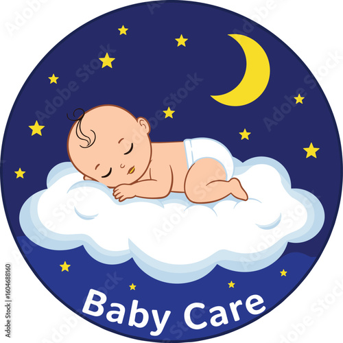 Sleeping Baby on Cloud Logo – Cute Nighttime Baby Care Design with Stars and Moon for Nursery, Pediatric or Childcare Branding