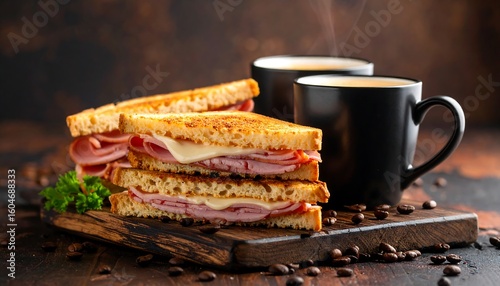Toasted ham and cheese sandwiches with coffee
