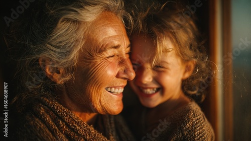 Tender Moment Between Elder and Child at Window, Warm Sunset Lighting Highlighting Affectionate Bond, Realistic Detail