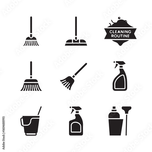 Collection of cleaning tools and supplies icons for household chores and professional janitorial services