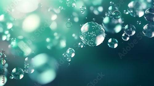 A luminous cluster of transparent bubbles with faint pink and teal light glows, delicate reflections creating a sense of depth, dark teal and gray background with gentle gradient.