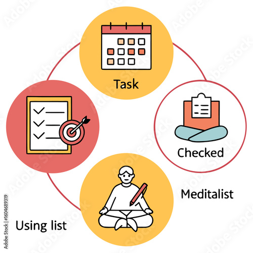 Illustration showing task management cycle with calendar, checklist, meditation and checked items cycle