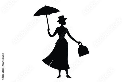 Elegant woman silhouette with umbrella and carpet bag on white background perfect for design and artistic concepts