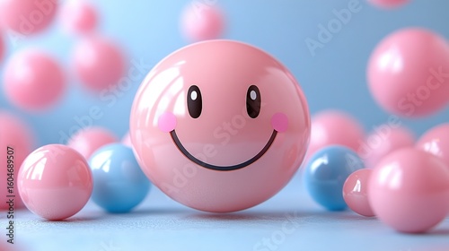 Floating 3D Smiley Face with Glossy Texture, Pastel Pink and Blue Bubbles Background, Isometric Soft Shadows