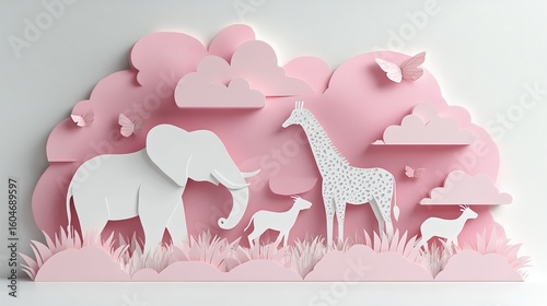 Paper-Cut Wild Animals Silhouettes on Layered Cloud Background, Soft Pastel Pink and White Palette with Butterfly Details, Minimalist Die-Cut Art