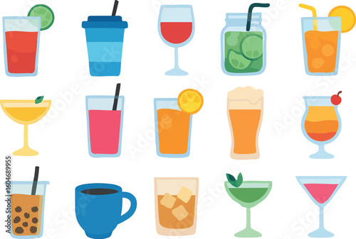 Set of Drink and Beverage Vector Icons | Collection of Cocktail, Juice, and Coffee Illustrations