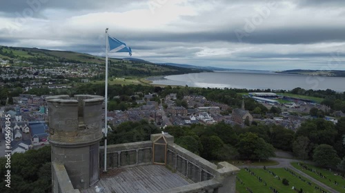 Aerial Drone Footage of MacDonald Memorial Tower in Dingwall, Scotland on Overcast Summer Day