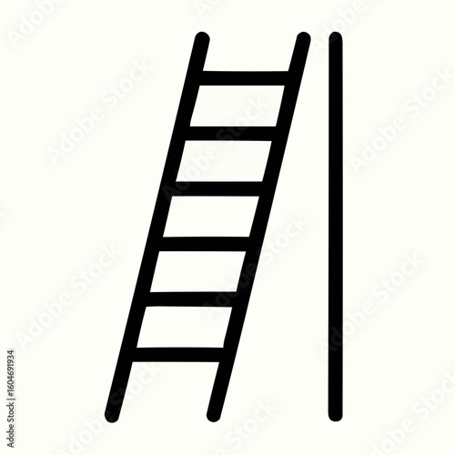 Extension ladder leaning against a wall. Straight rungs and side rails