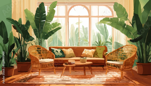 Sun-drenched tropical living room interior, filled with lush banana plants, comfortable bohemian-style furniture, and natural decor, creating a serene and inviting home sanctuary.
