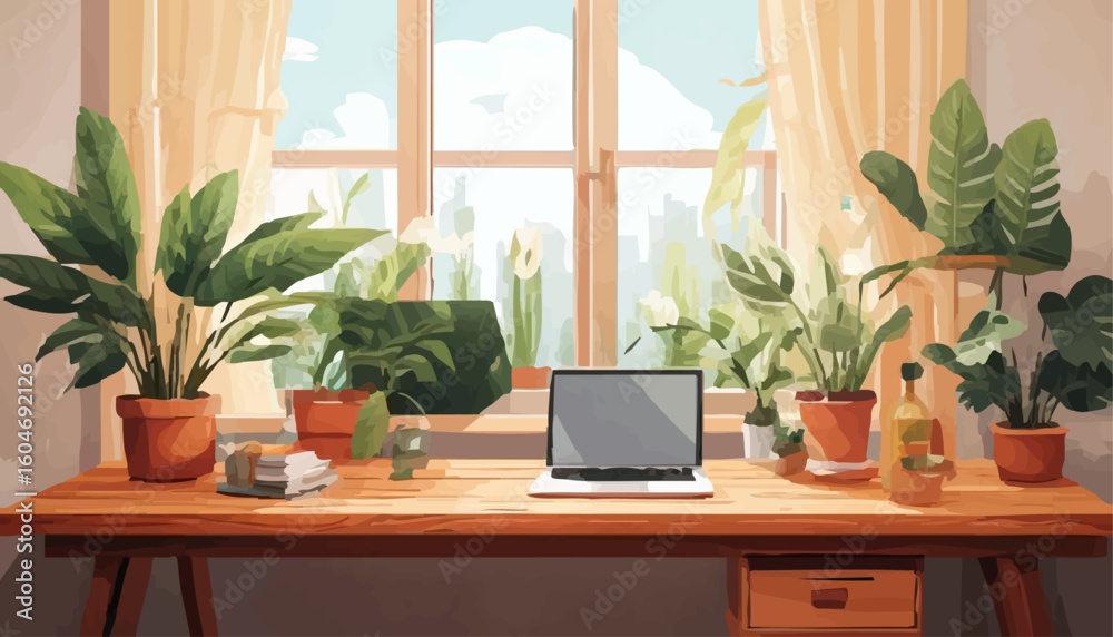 Fototapeta premium A serene woman finds tranquility, enjoying a warm drink in a beautiful sunlit greenhouse filled with lush houseplants.