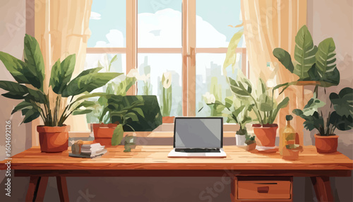 A serene woman finds tranquility, enjoying a warm drink in a beautiful sunlit greenhouse filled with lush houseplants.