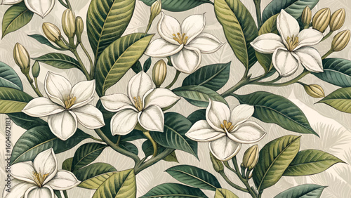 Seamless floral pattern. Gardenia taitensis flowers. Vector illustration style. High detail. Designed for printing on fabric or wallpaper or curtain or fashion.