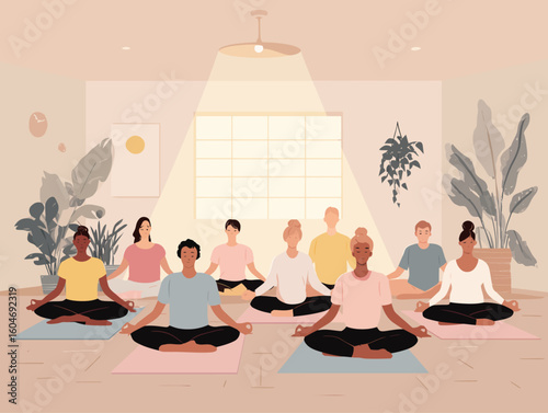  Modern yoga studio illustration with diverse group in meditation pose. Perfect mockup for wellness brands, fitness apps, and mindfulness content marketing