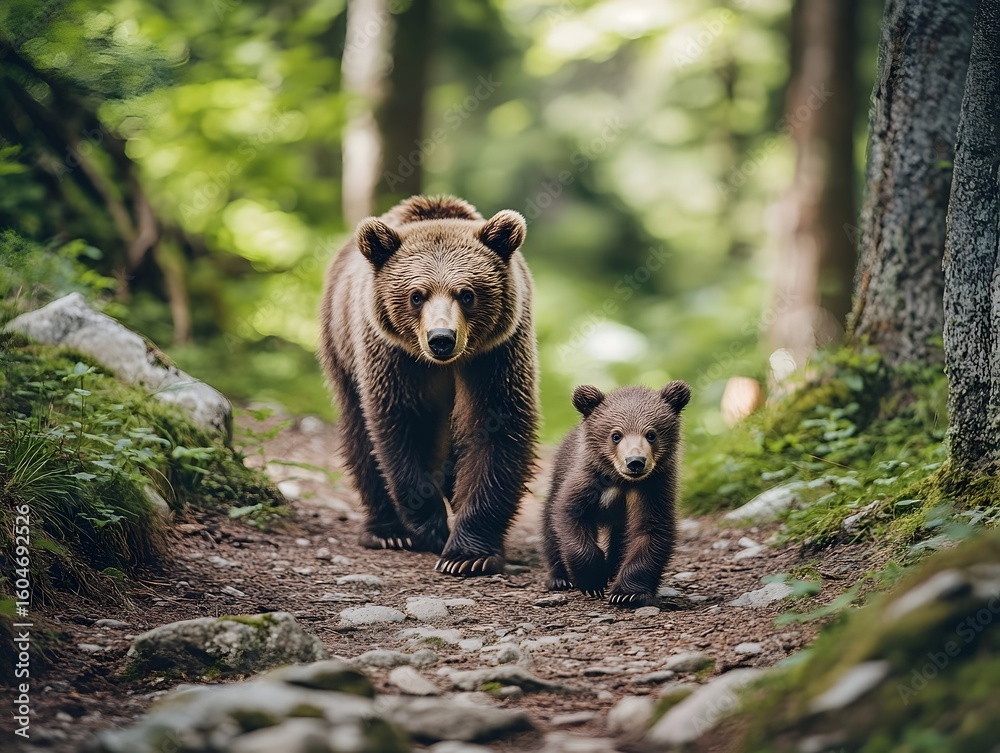 Fototapeta premium A bear cub walking closely behind its mother through a forest path