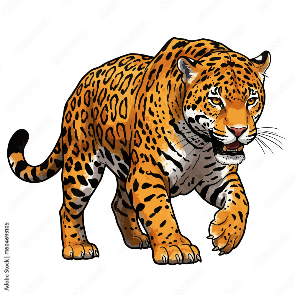 Obraz premium Majestic Jaguar Illustration Walking Predator Wild Cat Isolated White Background