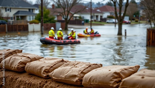 Emergency response teams navigate floodwaters residential neighborhood photo urban environment close-up view disaster management