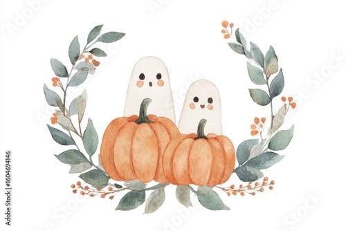 Cute cartoon pumpkins and small ghosts with autumn leaves and Halloween decorations in a festive scene. Warm orange tones with friendly spooky elements for seasonal celebration.