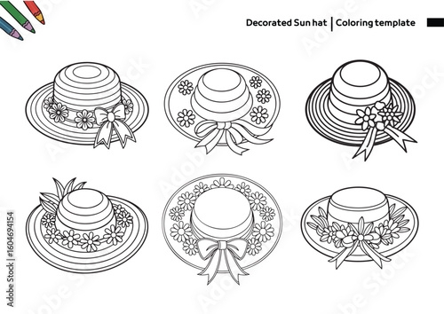 Sun Hat Coloring Page – Summer Hat Collection for Kids. A stylish set of sun hats in various shapes and decorations. Fun summer fashion-themed coloring for kids and early learners.