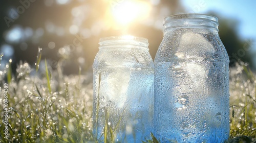 Refreshing Cold Water in Glass Jars with Sunlight and Dewy Grass