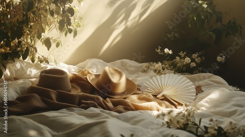 Cozy Summer Vibes with Hats, Blanket, and Fan in Natural Light