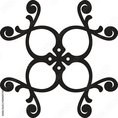 Intricate black ornamental scrollwork design with four symmetrical petal like shapes