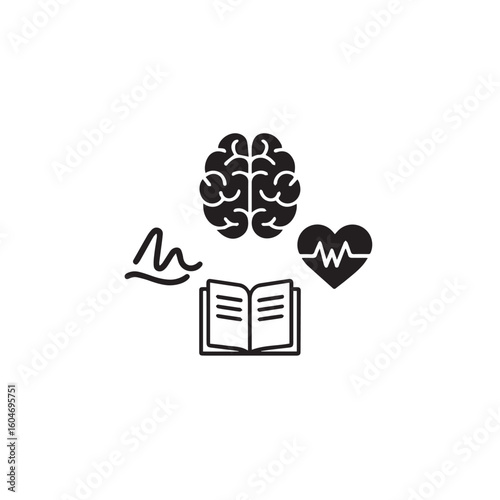 Conceptual icons representing brain health emotional well being physical fitness and education on a clean white background