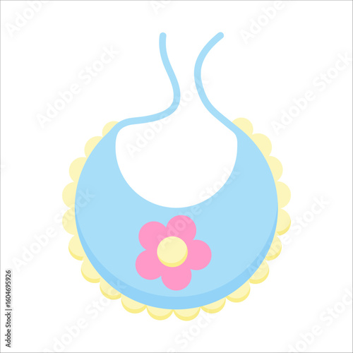 Cute blue baby bib with pink flower design illustration.