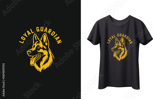 A striking graphic of a German Shepherd's head with the words "Loyal Guardian" is displayed on a black t- hirt.