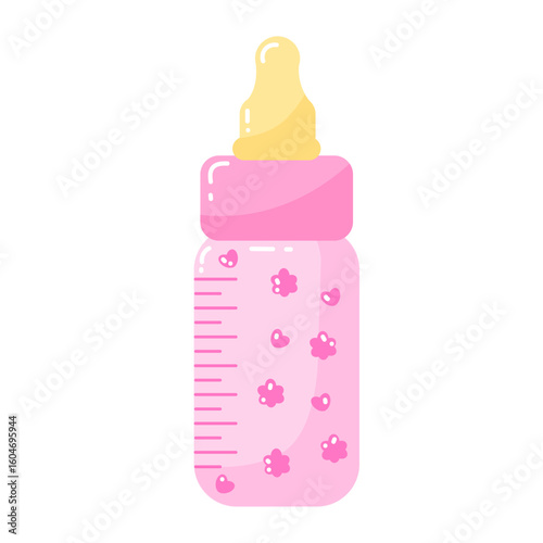 Pink baby bottle with yellow nipple and floral design on white background.