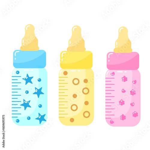 Set of colorful baby bottles with fun patterns on a white background.