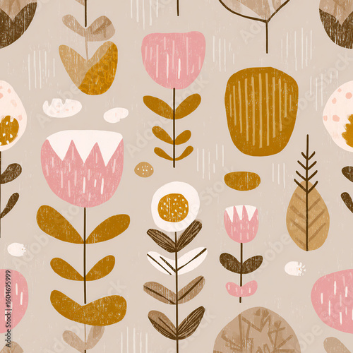 Seamless pattern with folkloric flowers and leaves in pastel shades of pink, brown, and beige. A childlike illustration, ideal for fabric or wallpaper.