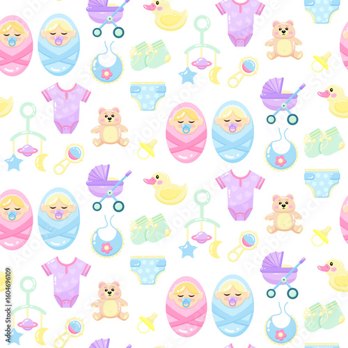 Cute baby pattern with toys, strollers, and pastel onesies for nursery decoration.
