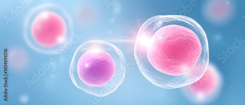 Illustration of biological cells with visible nuclei, floating in a blue environment, highlighting cellular structure and microscopic life.